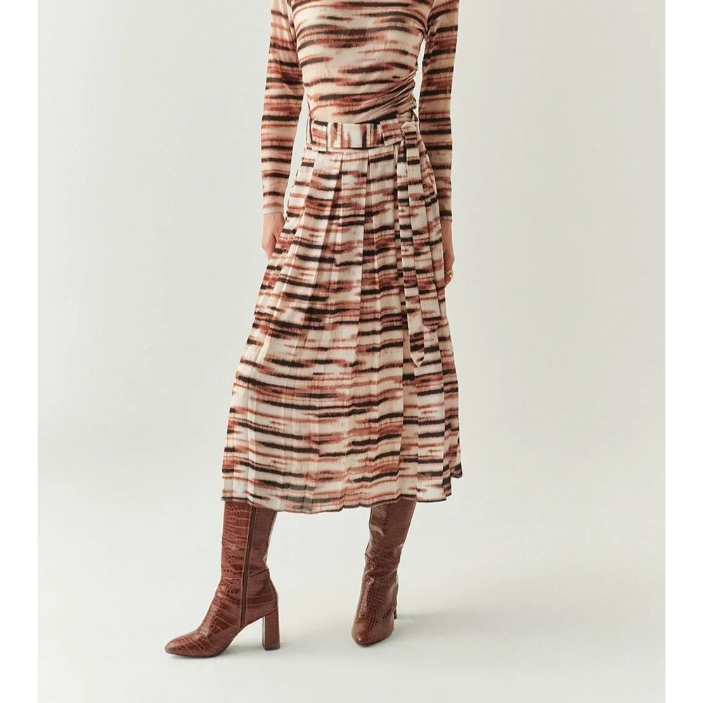 Exquise NWT Elina Mesh Midi Pleated Skirt Tan Brown Multi Stripe Size 4